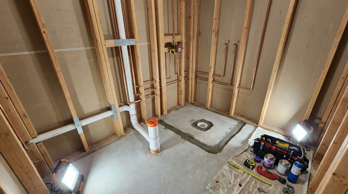 Bathroom rough-in plumbing during remodel by Johns Plumbing LLC in Winooski