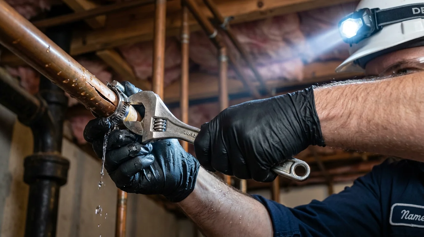 Emergency pipe clamp repair being performed by a Johns Plumbing LLC plumber in Winooski