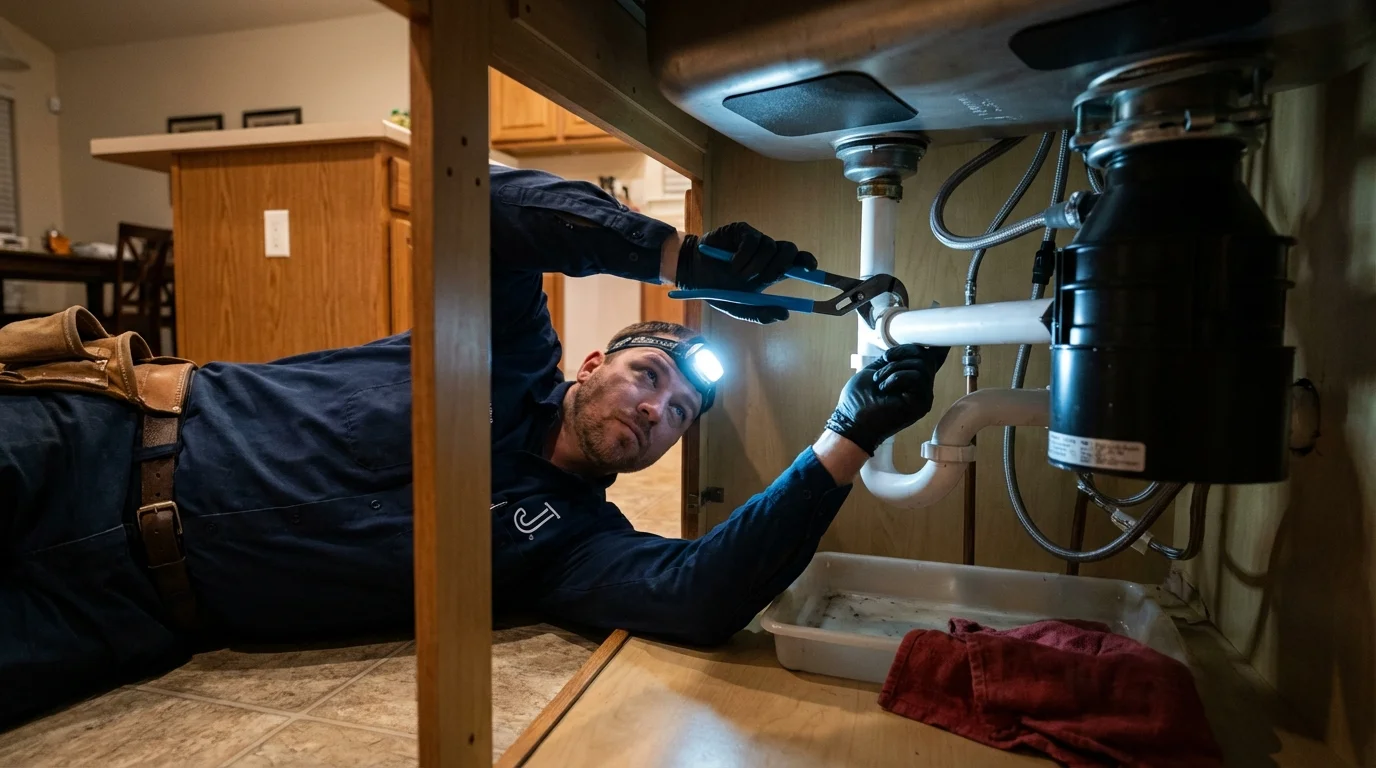 P-trap and supply line connections under a kitchen sink showing a common leak point in Winooski, VT